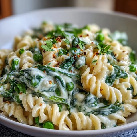 Ein cremiges One-Pot-Nudelgericht mit Zitrone, Erbsen und Spinat.