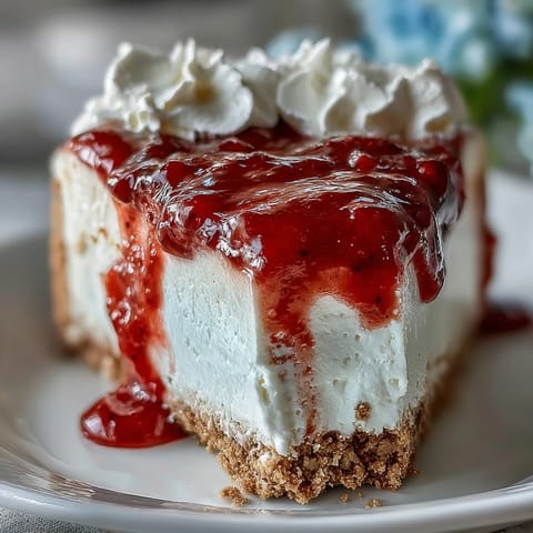 Köstlicher no-bake Käsekuchen mit Himbeersoße, perfekt für den Muttertag.
