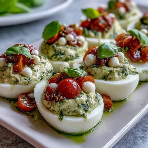 Caprese Deviled Eggs with bright basil oil and juicy tomato topping unfurled.