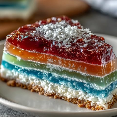 Regenbogen-Wackelkuchen mit Agar-Agar und Kokoscreme, geschichtet und erfrischend.