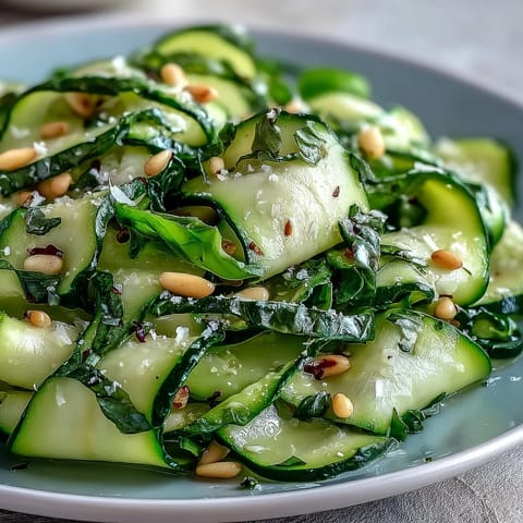 Zucchini-Bänder-Salat mit Zitrone und Parmesan, erfrischend leicht serviert.