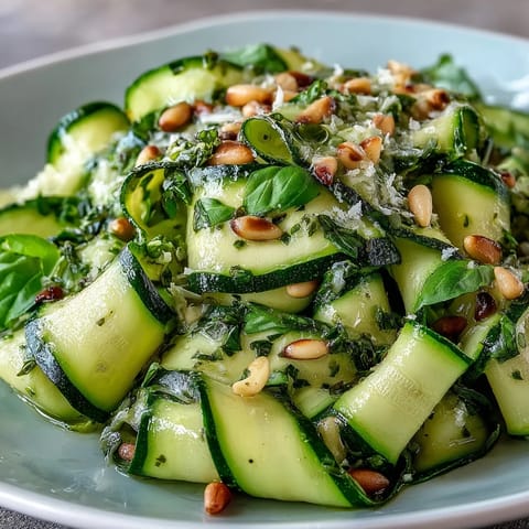 Leichter Zucchiniband-Salat mit Zitrone und Parmesan, garniert mit Basilikum.