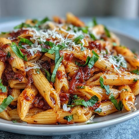 Cremige Tomaten-Basilikum-Pasta, voller Geschmack, serviert mit frischem Basilikum-Garnitur.