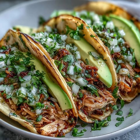 Zartes, zerzupftes Hähnchen in Salsa Verde serviert in Tai Slow Cooker Salsa Verde Chicken Tacos.