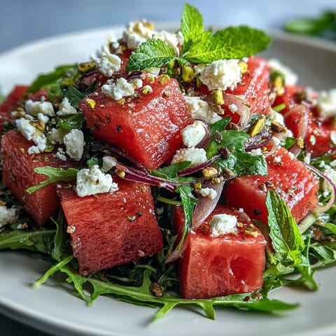 Kühler Wassermelonen-Feta-Rucola-Salat mit Balsamico-Glasur, sommerlich und erfrischend serviert.