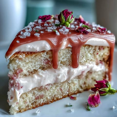 Zartrosa Rosé-Samtkuchen mit glänzendem Goldtropfen für besondere Anlässe.