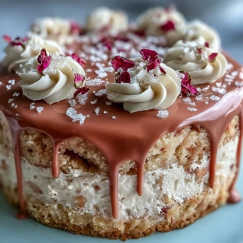 Festlicherävielschichtiger Rosé-Samtkuchen mit zartrosa Farbe und elegantem Goldtropfen.