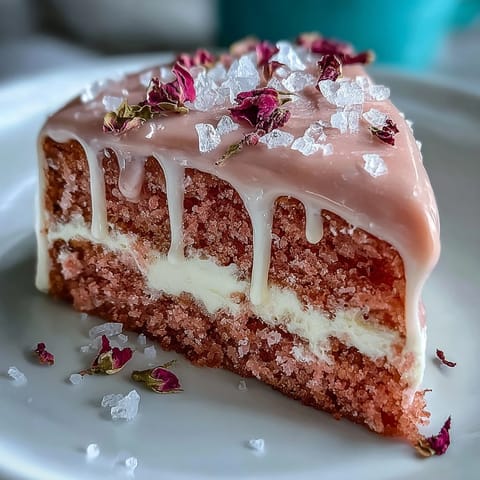 Zartrosa Hochzeitsrosé-Samttorte mit glänzendem Goldtropf, perfekt für Feiern.
