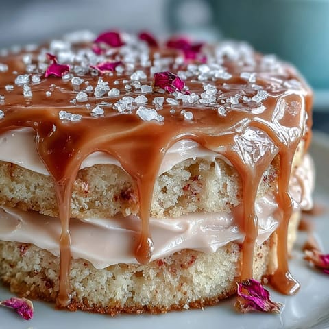 Feine Rosé-Samttorte mit süßer Creme und funkelnden Goldtropfen, ideal für Feste.