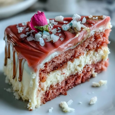 Üppige, rosa Rosé Samttorte mit glänzendem Gold-Drip, festlich dekoriert.