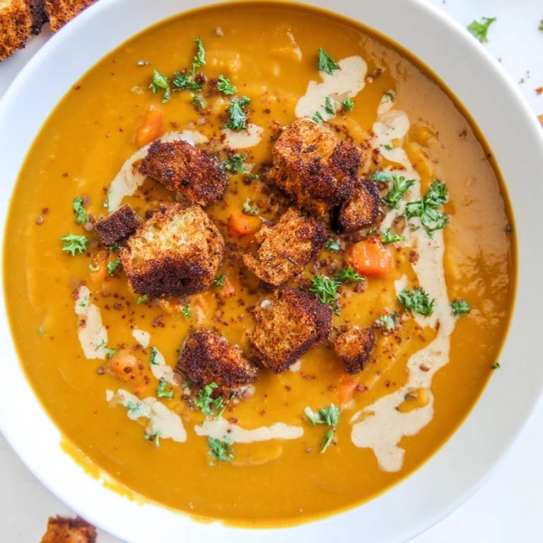 Einfaches, hausgemachtes Rezept für Pumpkin and Lentil Soup, garniert mit knusprigen gerösteten Croutons.