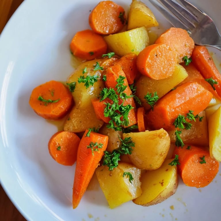 Glänzende, süß-herzhafte Karotten und Kartoffeln auf einem eleganten Servierteller.