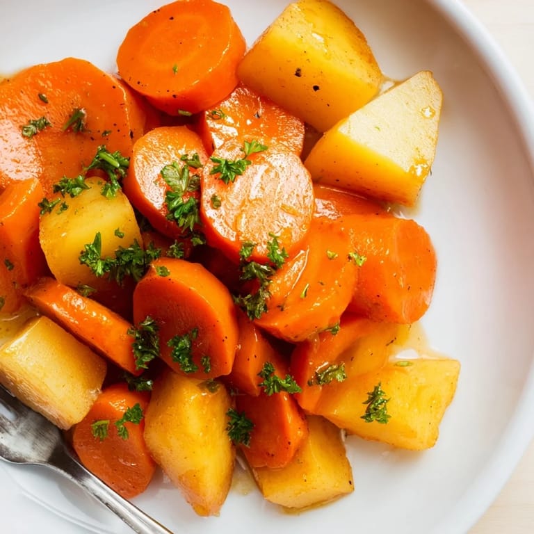 Lebendige Honig-Glasierte Karotten und Kartoffeln, perfekt für festliche Beilagen.  