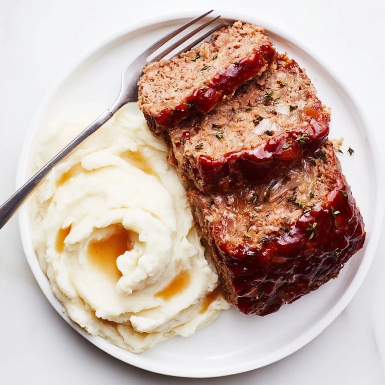 Aromatisches Meatloaf-Rezept in Scheiben geschnitten, mit weichem, cremigem Kartoffelpüree.