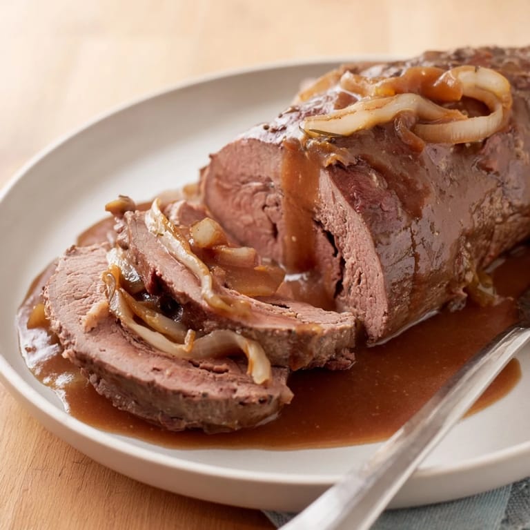 Traditionelle deutsche Rinderrouladen, serviert mit cremigem Kartoffelpüree und Rotkohl.  