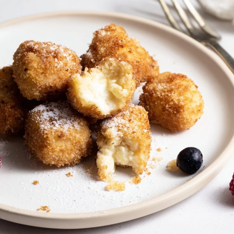 Zarte Quark-Cheesecake-Nuggets, warm serviert und mit Puderzucker bestäubt.  