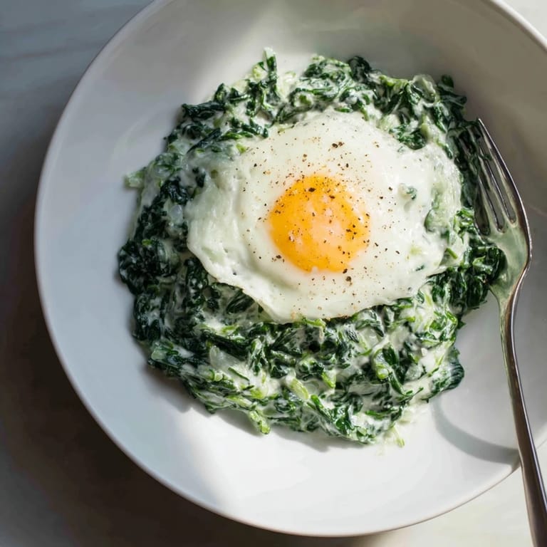 Ein sättigendes Gericht aus cremigem Spinat, garniert mit einem goldbraunen Ei.  