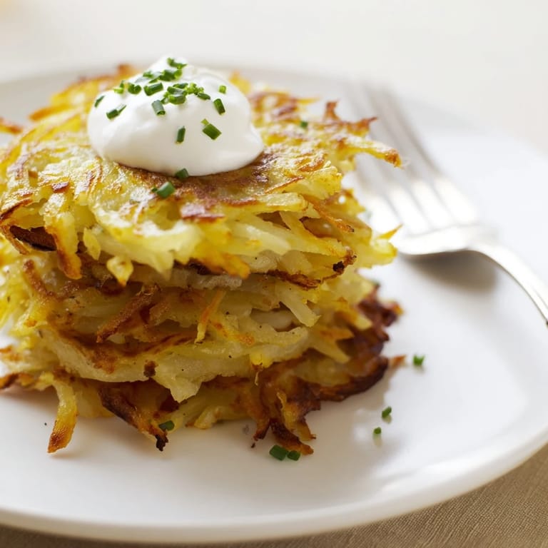 Leckere Kartoffelpuffer, knusprig gebraten und serviert mit würziger Sauerrahm.  
