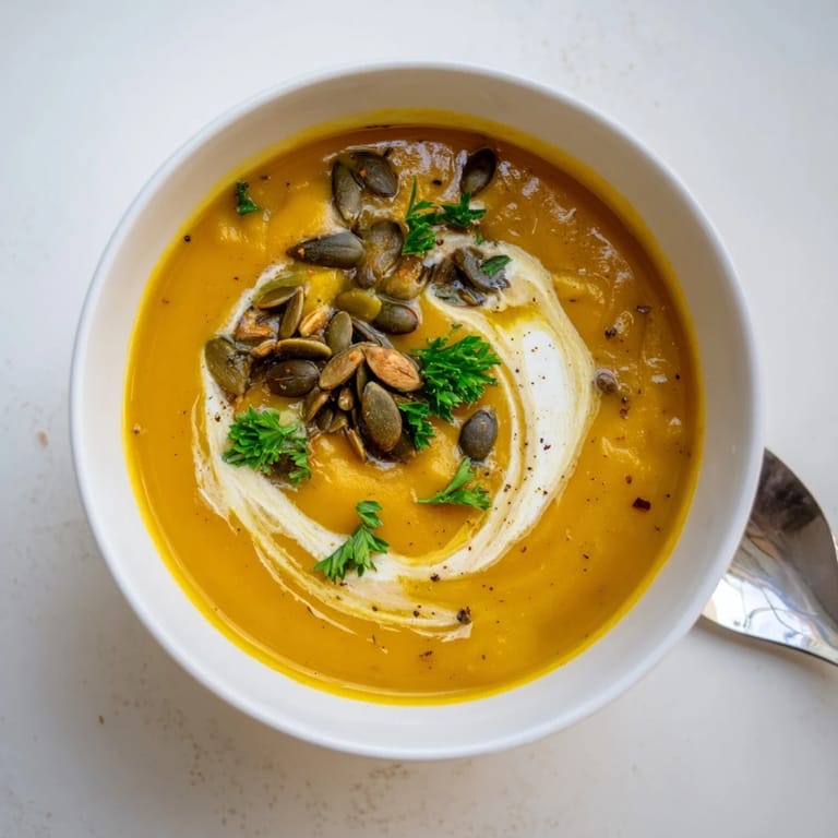 Herzhaft gewürzte Kürbissuppe, serviert mit gerösteten Kürbiskernen und frischen Kräutern.  