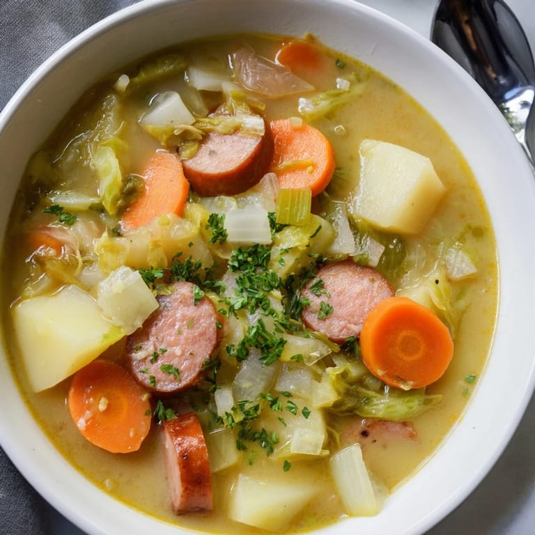 Wärmende deutsche Kartoffelsuppe mit frischen Gemüse und cremiger Konsistenz, perfekt zum Servieren.