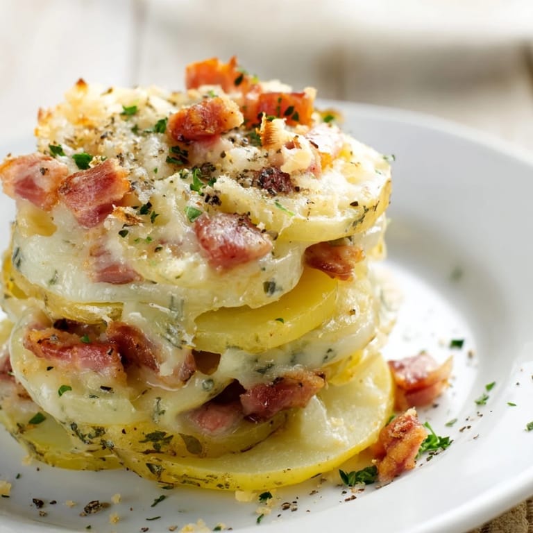 Creamy One-Pan German Potato & Leek Bake, a hearty dish with tender potatoes and herbs.