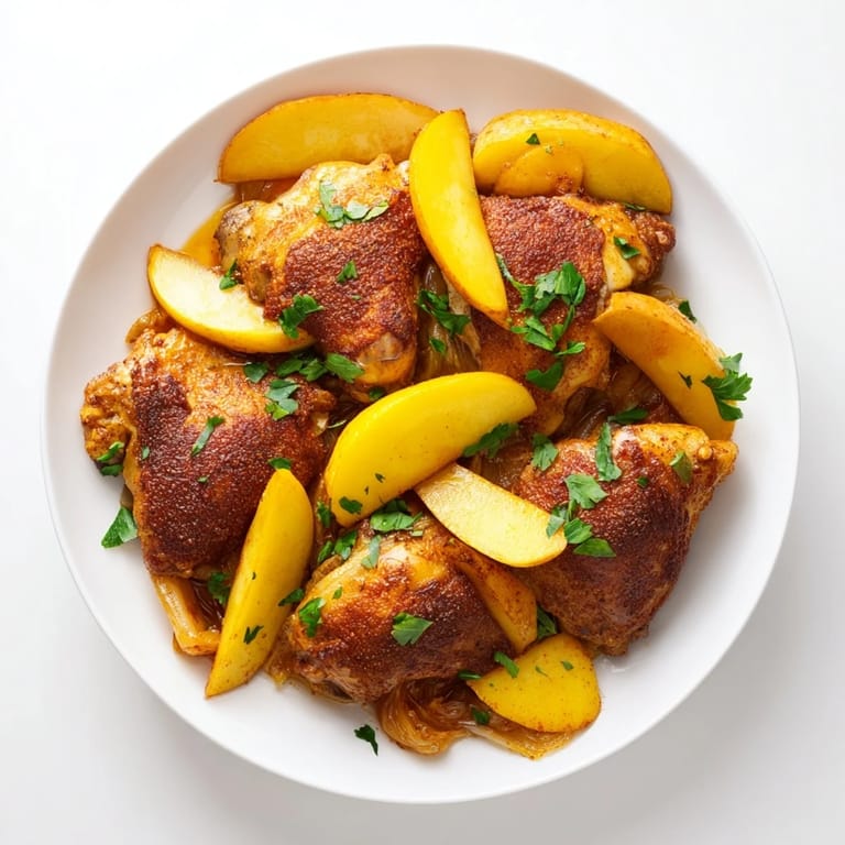 Juicy Sheet-Pan German-Style Chicken with apples and onions, garnished with parsley, perfect for dinner.