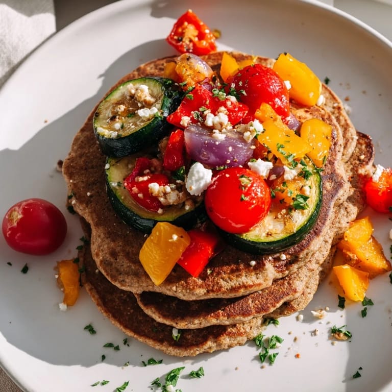 A stack of buckwheat pancakes with a side of perfectly roasted, vibrant seasonal vegetables.