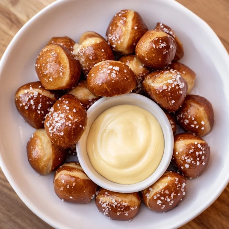 Golden-brown Mini Pretzel Bites are pictured, ready to be dipped into flavorful, melty beer cheese.