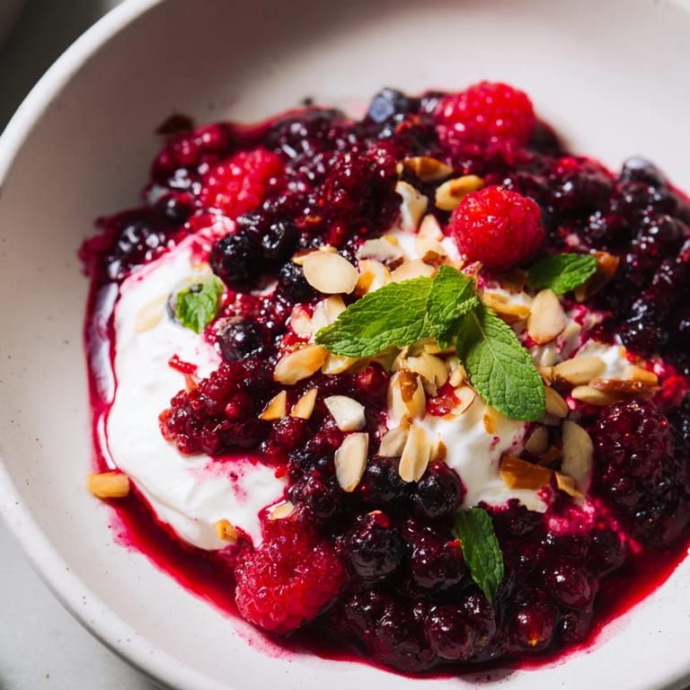 A bowl of German berry compote, with a sprinkle of nuts, ready for a delightful breakfast bite.