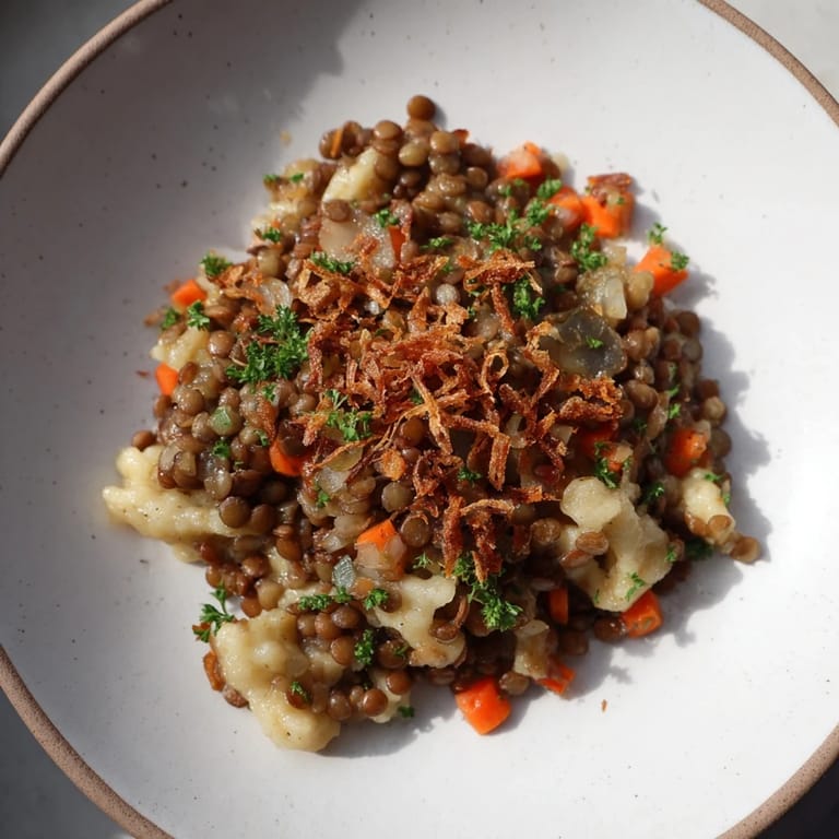 Warm, flavorful Budget Lentil & Spätzle Bowls; imagine the aroma of thyme and paprika in the delicious meal.