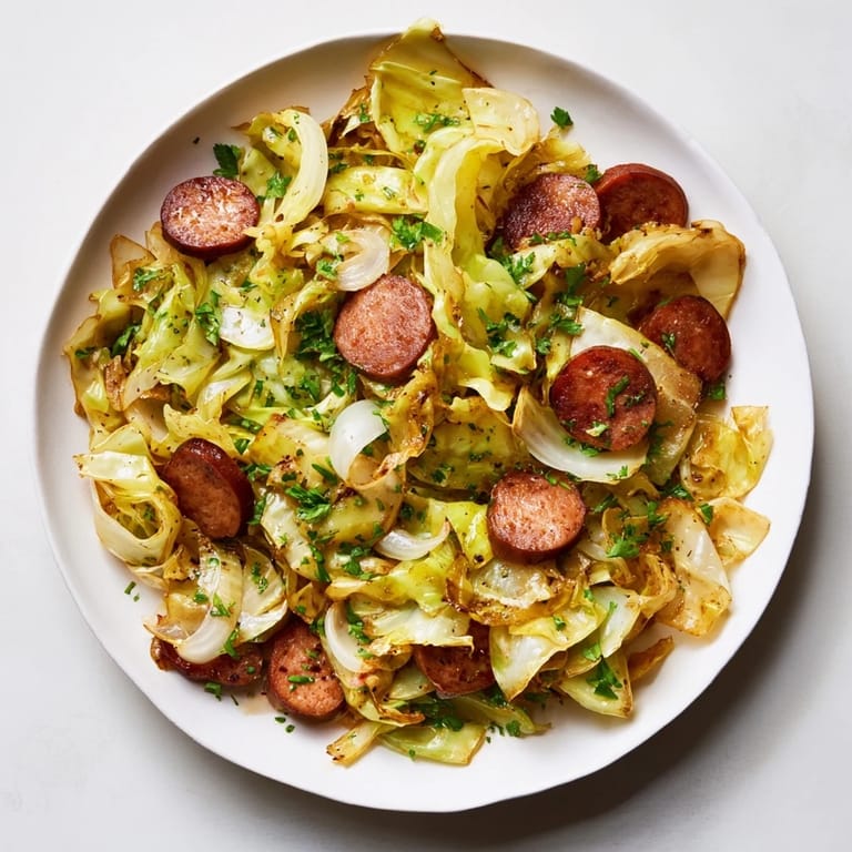 Savory Crispy Cabbage & Sausage Skillet with sausage slices and tender cabbage, ready to serve.