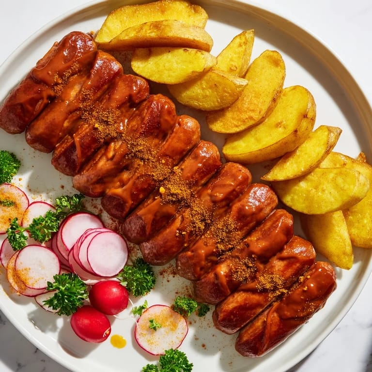 Close-up of a Currywurst Board with golden fries, dipping mustards, and the delicious German sausage.