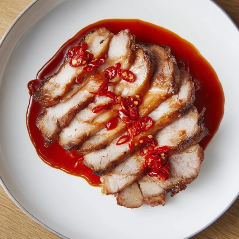 Close-up of tender Bavarian roast pork, glistening with glaze, ready to serve with flavorful sauce.
