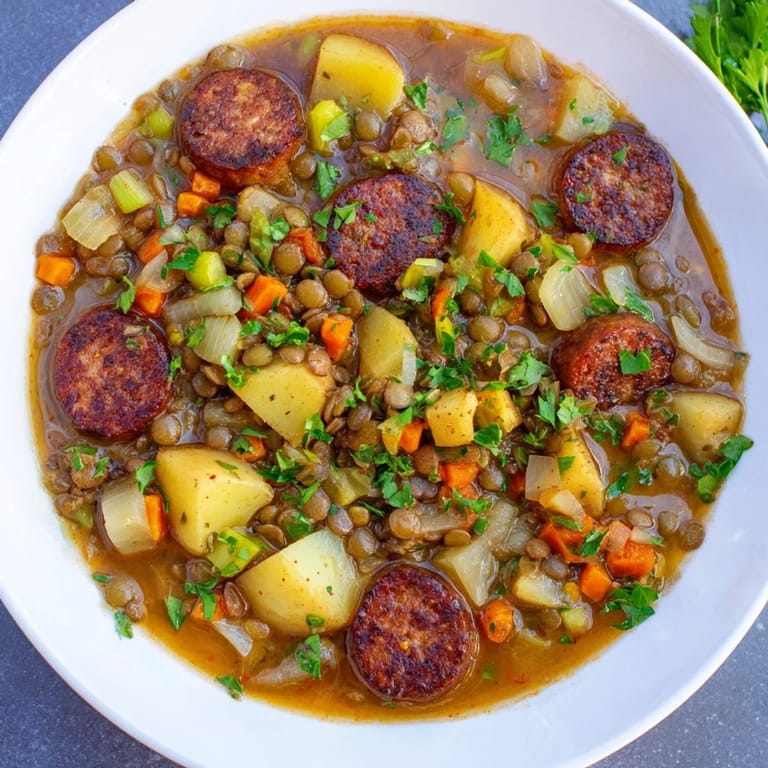 This close-up shows the hearty Instant Pot German Lentil Stew with chorizo, ready to be served hot and delicious.