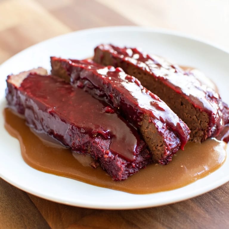 A close-up shot of the flavorful vegan Sauerbraten, highlighting the homemade cranberry-balsamic marinade.