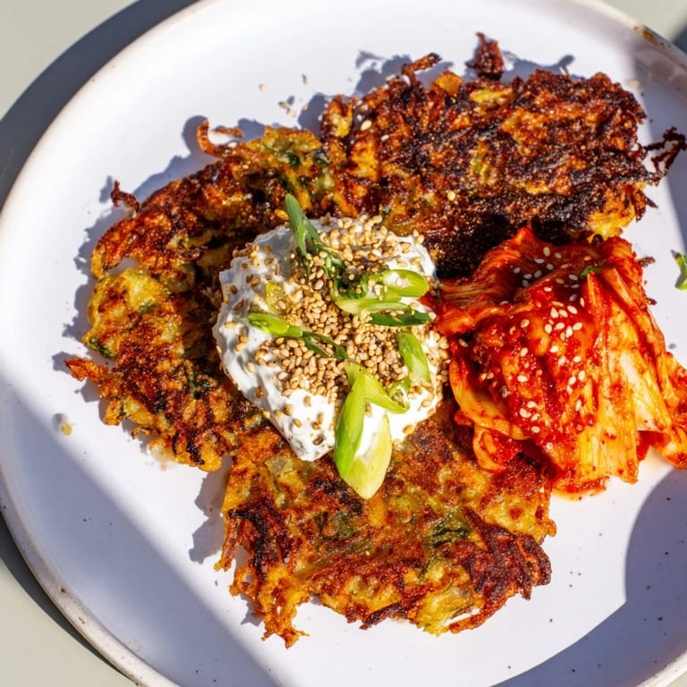 Homemade potato pancakes, paired with creamy kimchi yogurt for a delicious fusion meal.