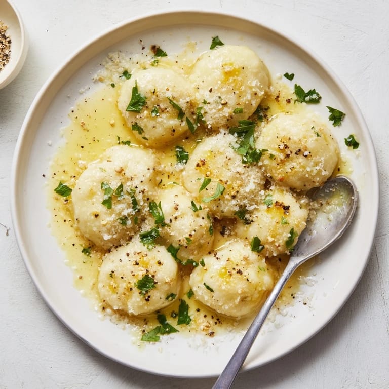 Freshly made potato dumplings, coated in a glistening brown butter sauce, ready to be served hot.