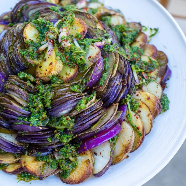 Hearty Spiced Red Cabbage Bake, with a bright salsa verde topping, ready to serve as a vegetarian main.