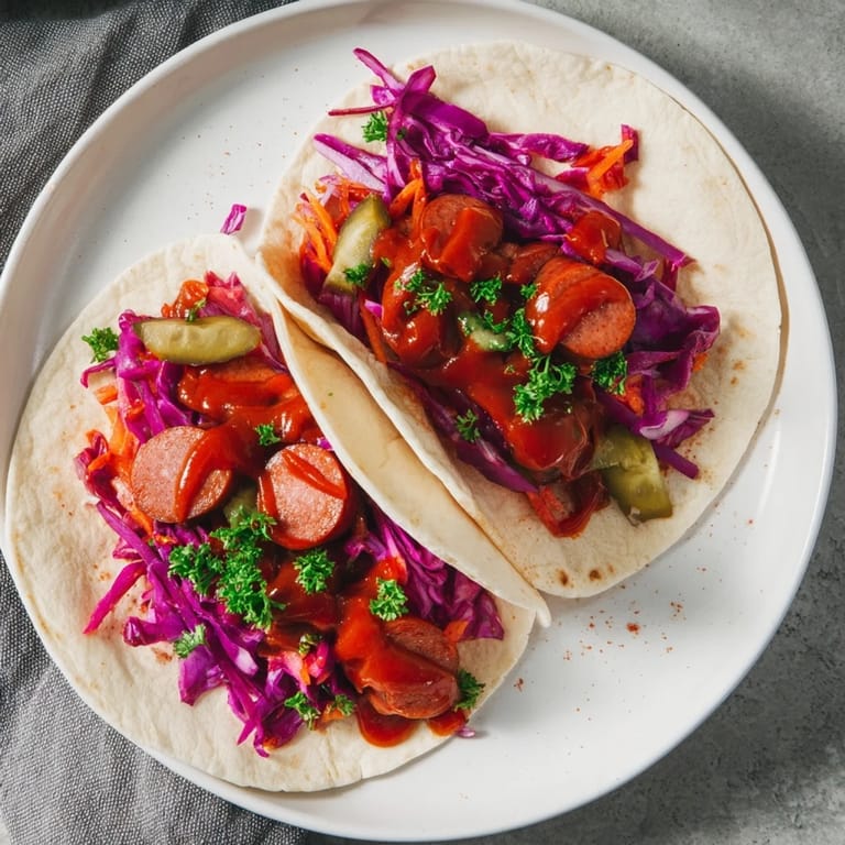 A close-up shot of vibrant Berlin Currywurst Tacos filled with flavorful sausage and curry sauce.