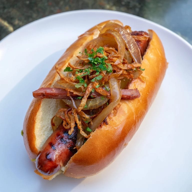 Juicy mini bratwurst sliders, grilled and topped with tangy mustard and crispy onions, ready to eat.