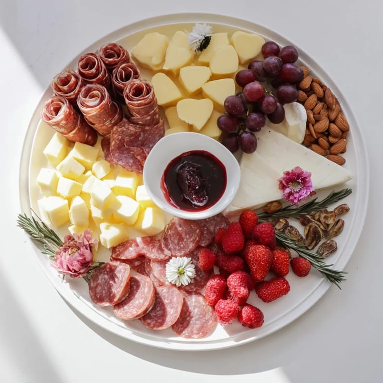 This close-up photo shows a delicious Heart-Shaped Charcuterie Board ready to serve.