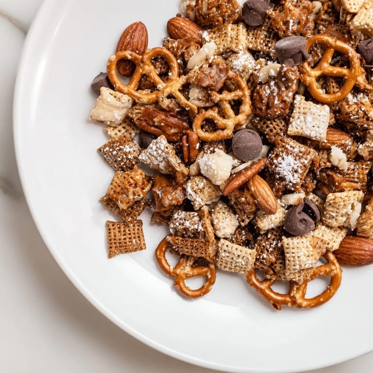 Close-up of Festive Pine Cone Snack Mix, coated with a glistening sugary glaze and chocolate chips.