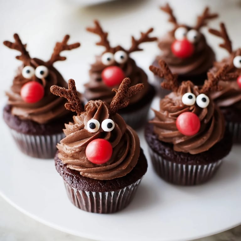 Festive Reindeer Dessert Platter featuring chocolate reindeer cupcakes, a sweet holiday treat with vibrant colors.