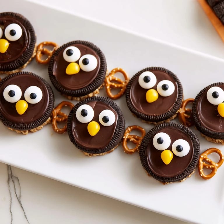 Delightful Hoot Hoot Owl dessert tray featuring rice krispie owls, strawberries, and chocolate.