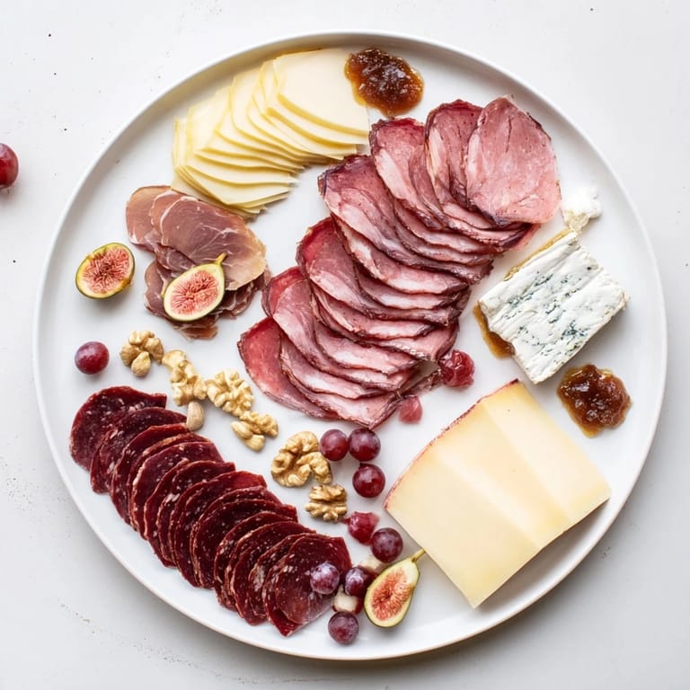 This vibrant Majestic Venison Charcuterie Platter shows sliced meats, cheeses, and fruits ready to serve.