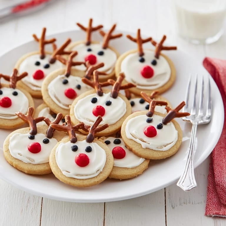 Delicious, decorated Santas Reindeer Cookies, artfully arranged on a platter, ready to be enjoyed.