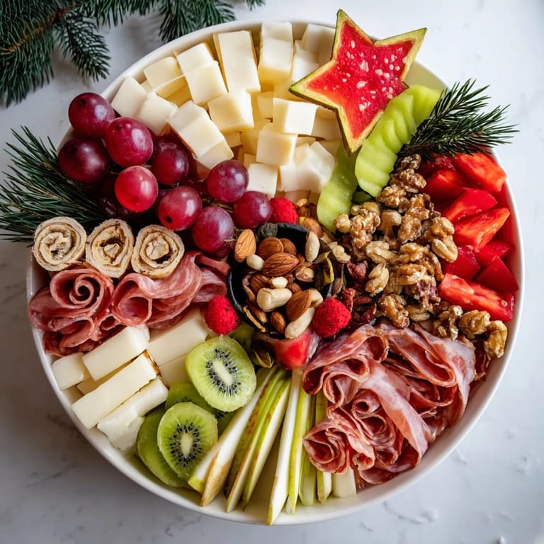 This Festive Holiday Tree Appetizer Platter features a stunning arrangement of cheeses, meats, and colorful fruits.