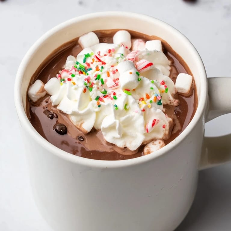 Rich and creamy Reindeer Hot Cocoa in mugs, topped with peppermint, a perfect cozy winter drink.