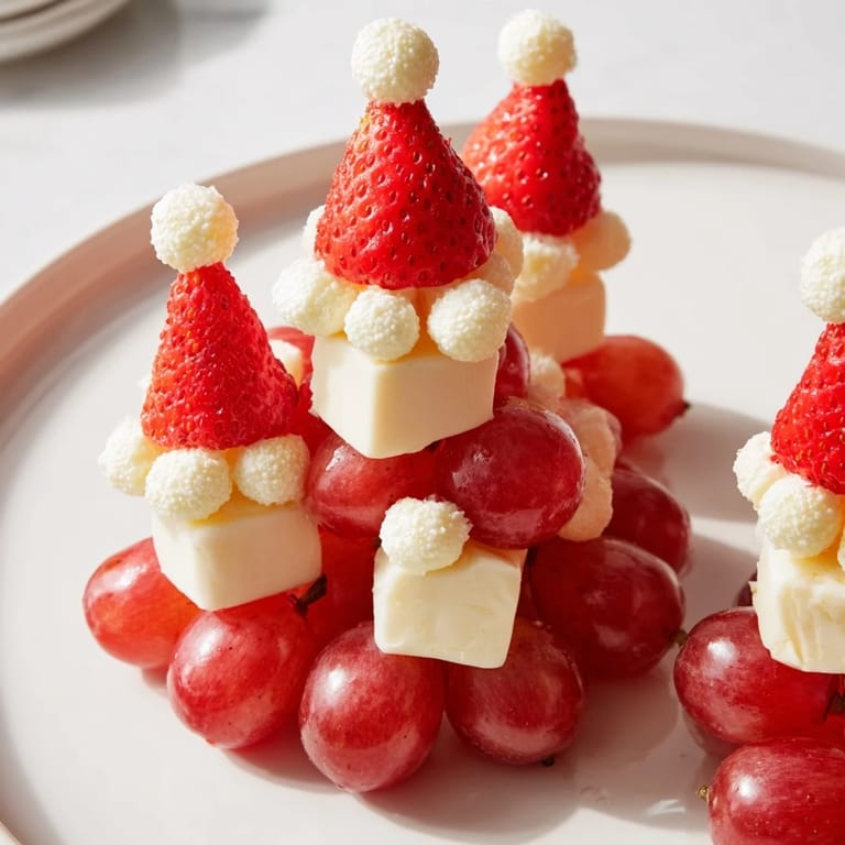 A close-up of a Santa Hat Fruit and Cheese Platter, showcasing vibrant red strawberries and creamy cheese.