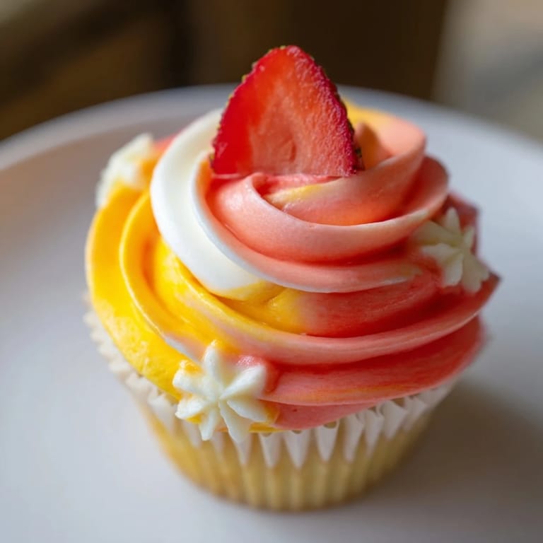 Ein saftiger Mango Erdbeer Sunset Cupcake, köstlich verziert mit einem farbenfrohen Buttercreme-Wirbel.